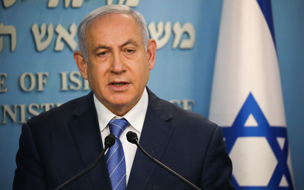 Prime Minister Benjamin Netanyahu speaks during a press conference about the coronavirus COVID-19, at the Prime Ministers Office in Jerusalem on March 25, 2020. (Olivier Fitoussi/Flash90)