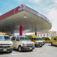 Ambulances outside the Rambam Hospital in Haifa, on March 30, 2020. (Yossi Aloni/Flash90)