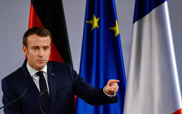 French President Emmanuel Macron speaks in Aachen, Germany, Jan. 22, 2019. (Sascha Schuermann/Getty Images via JTA)