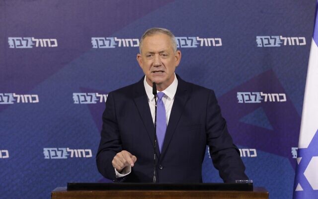 Blue and White chairman Benny Gantz gives a video statement in Tel Aviv on April 13, 2020, in a handout photo distributed by the party. (Elad Malka/ Blue and White)