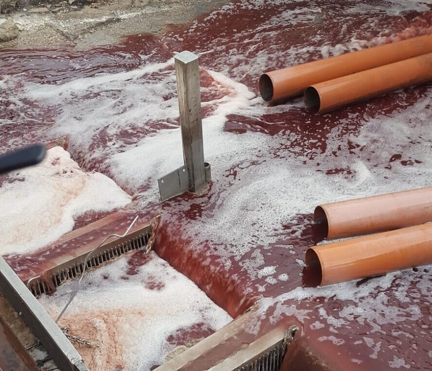 Wastewater at the Yad Hanna Wastewater Treatment Plant bloodied by the detritus from slaughterhouses in the Palestinian Authority-controlled West Bank city of Tulkarem, April 14, 2020. (Courtesy, Alon Heyman)