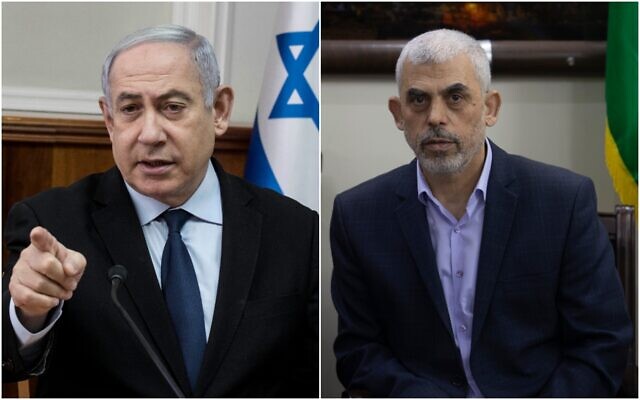 Left, Prime Minister Benjamin Netanyahu chairs the weekly cabinet meeting at the Prime Minister's office in Jerusalem on December 22, 2019. (AP/Tsafrir Abayov, Pool). Hamas leader Yahya Sinwar meets with the head of the Central Elections Commission, Hanna Nasser, in Gaza City on October 28, 2019. (AP/Khalil Hamra)