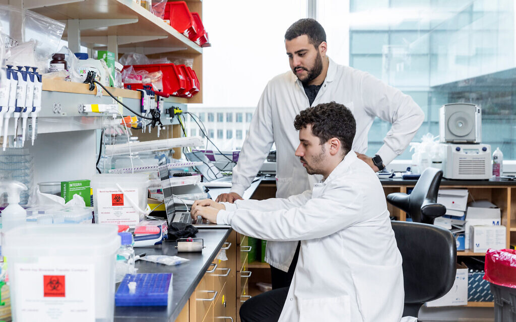 Jonathan Gootenberg, sitting, and Omar Abudayyeh, standing, at their MIT lab on October 31, 2019. (McGovern Institute for Brain Research at MIT/ Photo by Caitlin Cunningham Photography)