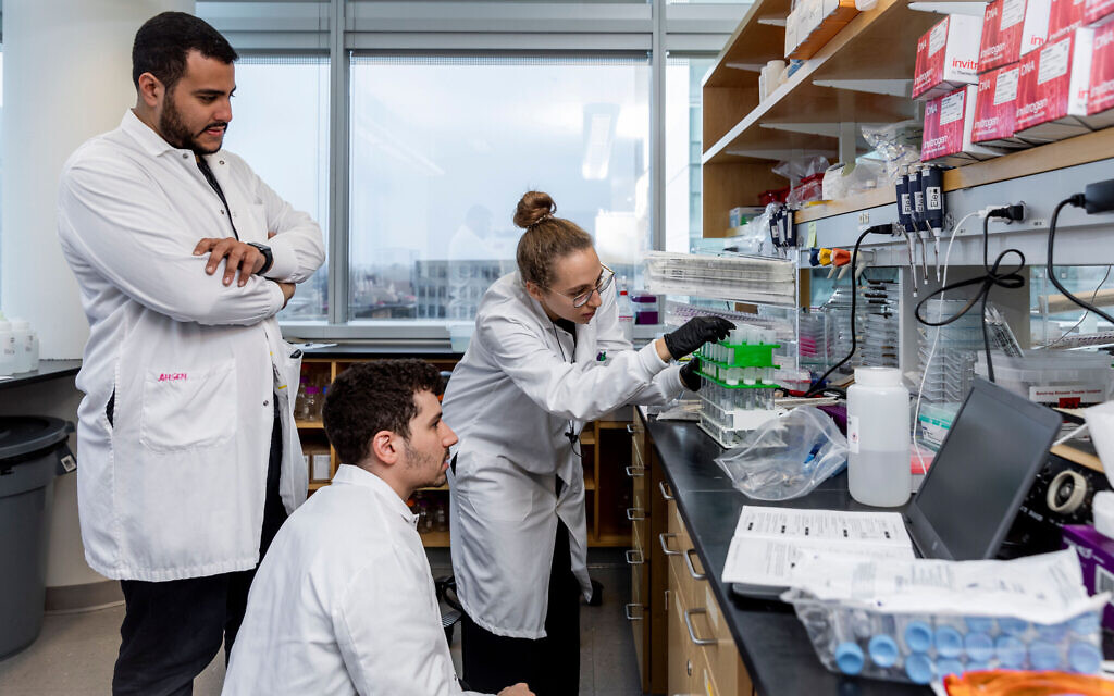 Jonathan Gootenberg, sitting, and Omar Abudayyeh, standing, left, work at the McGovern Institute for Brain Research at the Massachusetts Institute of Technology, October 31, 2019 (McGovern Institute for Brain Research at MIT/ Photo by Caitlin Cunningham Photography)