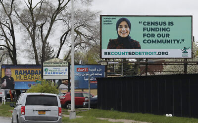 A billboard highlighting the 2020 Census in Dearborn, Michigan, April 30, 2020. (AP Photo/Carlos Osorio)