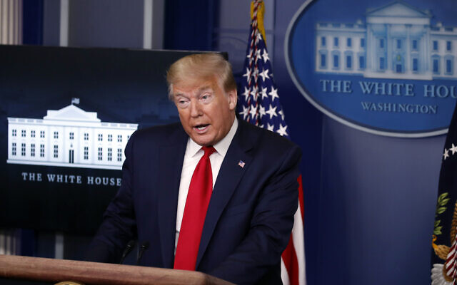 Illustrative: US President Donald Trump speaks with reporters about the coronavirus in the James Brady Briefing Room of the White House, May 22, 2020, in Washington. (AP Photo/Alex Brandon)