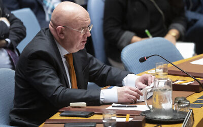 Russian Ambassador to the United Nations Vassily Nebenzia speaks during a Security Council meeting on the situation in Syria, Thursday, Oct. 24, 2019 at United Nations headquarters. (AP/Mary Altaffer)