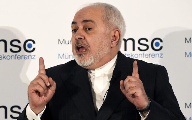 Iranian Foreign Minister Mohammad Javad Zarif speaks on the second day of the Munich Security Conference in Munich, Germany, February 15, 2020. (AP Photo/Jens Meyer)