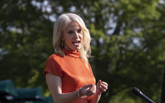Counselor to the President Kellyanne Conway speaks with reporters at the White House on May 15, 2020, in Washington. (AP Photo/Alex Brandon)