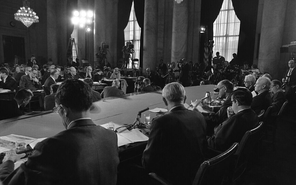 Illustrative: Senate Foreign Relations Committee members seen from behind in the foreground: (left to right) Sen. Claiborne Pell, D-R.I., Sen. Stuart Symington, D-Mo., Sen. Frank Church, D-Idaho, Sen. William Fullbright, D-Ark., Sen. Albert Gore, D-Tenn., and Sen. George Aiken, R-VT, on April 11, 1969. (AP Photo)