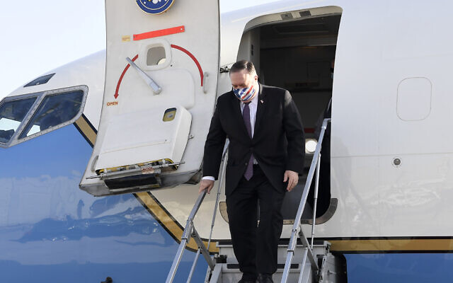 US Secretary of State Mike Pompeo lands in Israel for a one-day visit on May 13, 2020 (Matty Stern/US Embassy Jerusalem)