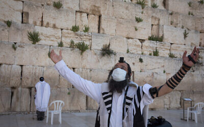 An ultra-Orthodox man, masked amid the COVID-19 crisis, gestures near the Western Wall in Jerusalem's Old City. April 19, 2020. (Nati Shohat/Flash90)