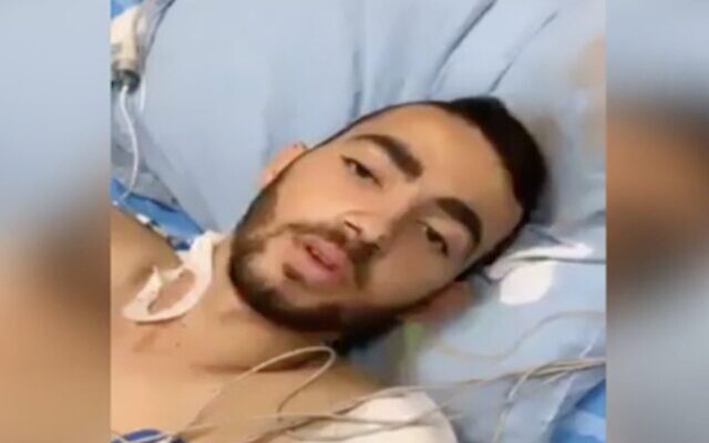 Shadi Ibrahim, an Armored Corps soldier who lost his leg in a West Bank car-ramming attack, is seen in a video from his hospital bed at Soroka Medical Center in Beersehba on May 22, 2020. (Screen capture: Channel 13 news)