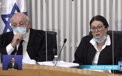 Chief Justice Esther Hayut (right) and Justice Hanan Melcer at the Supreme Court on May 4, 2020 (Screenshot)