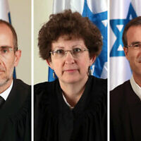 Netanyahu trial Judges Moshe Bar-Am, Rebecca Friedman-Feldman and Oded Shaham, L-R. (Justice Ministry)