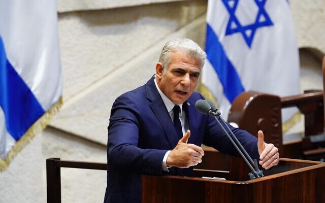Opposition leader Yair Lapid at the Knesset, as the 35th government of Israel is presented on May 17, 2020. (Knesset/Adina Veldman)