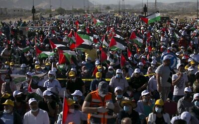 Palestinians protest Israel's plan to annex parts of the West Bank, in Jericho on June 22, 2020. (Abbas Momani/AFP)