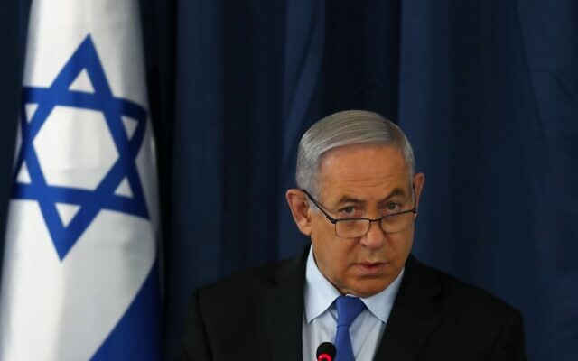 Then-prime minister Benjamin Netanyahu chairs the weekly cabinet meeting in Jerusalem, on June 28, 2020. (Ronen Zvulun/Pool/AFP)