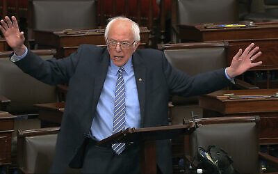 In this image from video, Sen. Bernie Sanders speaks on the Senate floor at the US Capitol in Washington, on March 25, 2020. (Senate Television via AP)