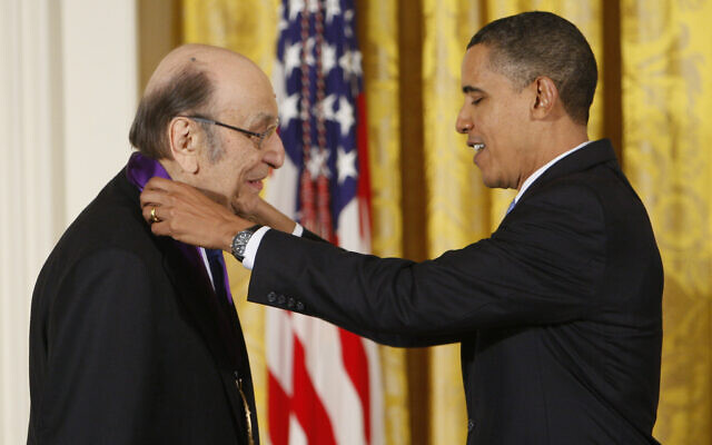 In this Feb. 25, 2010, file photo, US President Barack Obama presents a 2009 National Medal of Arts to Milton Glaser, in the East Room of the White House in Washington (AP Photo/Charles Dharapak, File)