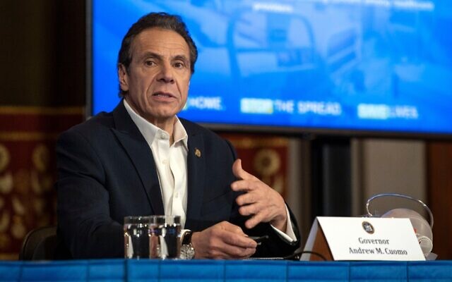 New York Gov. Andrew Cuomo talks to reporters in Albany at his daily news conference about the coronavirus crisis, March 29, 2020. (Office of Gov. Andrew Cuomo/via JTA)