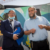Lehava chairman Benzi Gopstein, right, and his attorney (now MK), Itamar Ben Gvir, left, arrive at the Jerusalem Magistrate's Court, June 8, 2020. (Yonatan Sindel/Flash90, File)