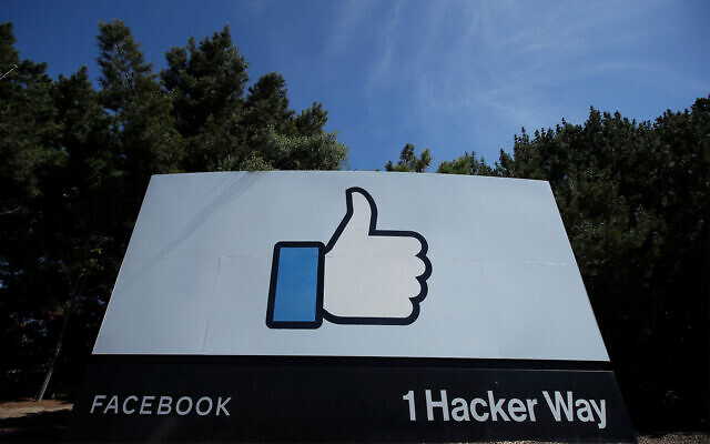 The thumbs up ‘Like’ logo on a sign at Facebook headquarters in Menlo Park, California, April 14, 2020. (AP/Jeff Chiu)