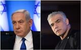Then-Prime Minister Benjamin Netanyahu in March 11, 2020 (left); Yesh Atid-Telem leader Yair Lapid in December 2019. (Miriam Alster/FLASH90)