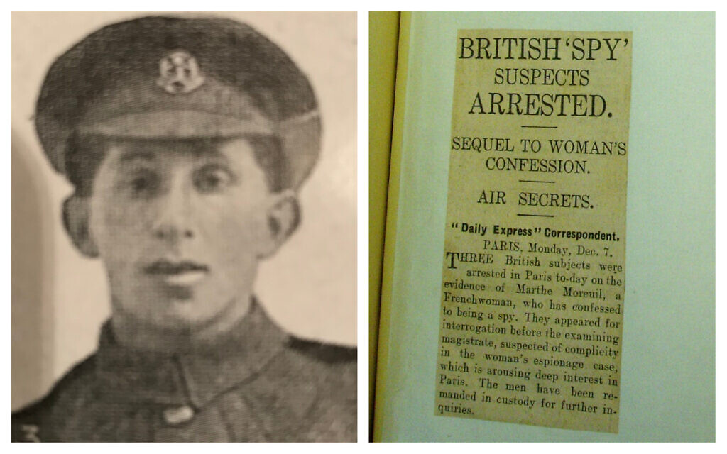 Left: A photo of William 'Wolf' Fisher from the British Jewry Roll of Honour taken at the start of World War I when he was a private in the Middlesex Regiment (courtesy); a newspaper clipping from the Daily Express covering the exposed spy ring (National Archive).