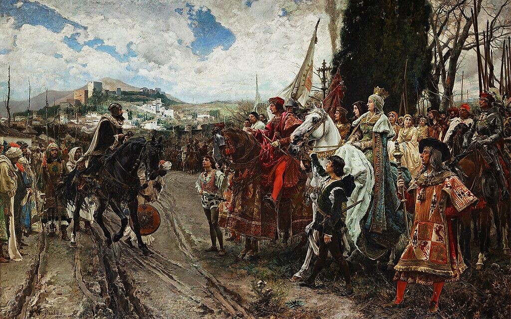 'The Capitulation of Granada'  (Muhammad XII surrenders to Ferdinand and Isabella), painted by Francisco Pradilla y Ortiz, 1882 (Public domain via Wikicommons)