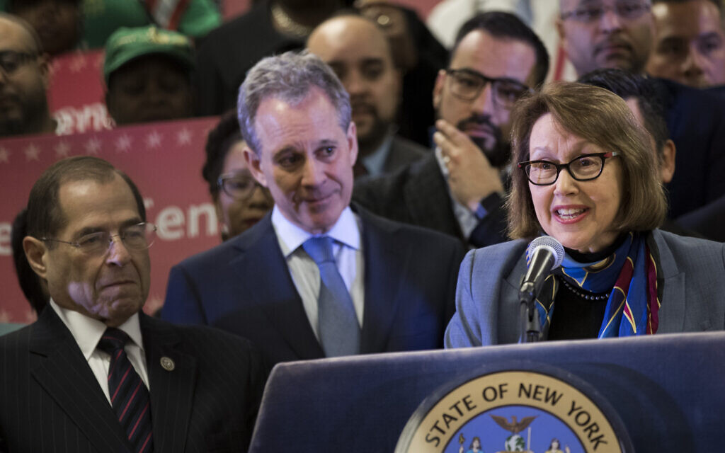 Oregon Attorney General Ellen Rosenblum speaks at a news conference in New York City to announce a multi-state lawsuit to block the Trump administration from adding a question about citizenship to the 2020 census, April 3, 2018. (Drew Angerer/Getty Images/ via JTA)