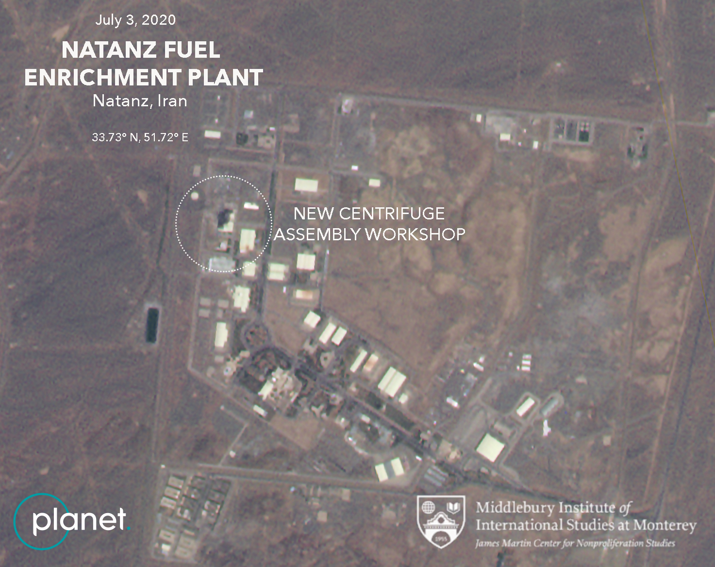 A satellite image from Planet Labs Inc. that has been annotated by experts at the James Martin Center for Nonproliferation Studies at Middlebury Institute of International Studies shows a damaged building after a fire and explosion at Iran’s Natanz nuclear site, on July 3, 2020. (Planet Labs Inc., James Martin Center for Nonproliferation Studies at Middlebury Institute of International Studies via AP)