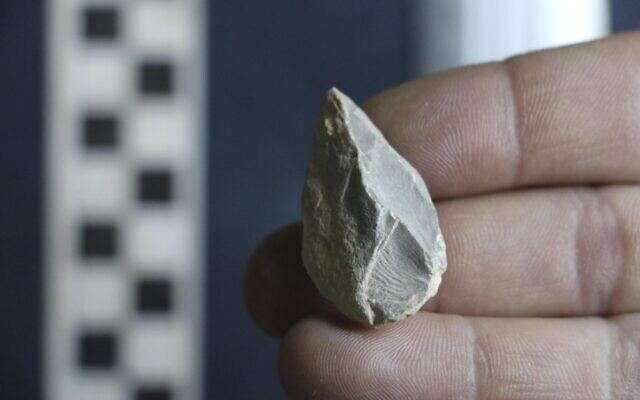 This undated photo provided by Ciprian Ardelean in July 2020 shows a stone tool found below the Last Glacial Maximum layer from a cave in Zacatecas, central Mexico. Artifacts from the cave suggest people were living in North America much earlier than most scientists think.  (Ciprian Ardelean via AP)