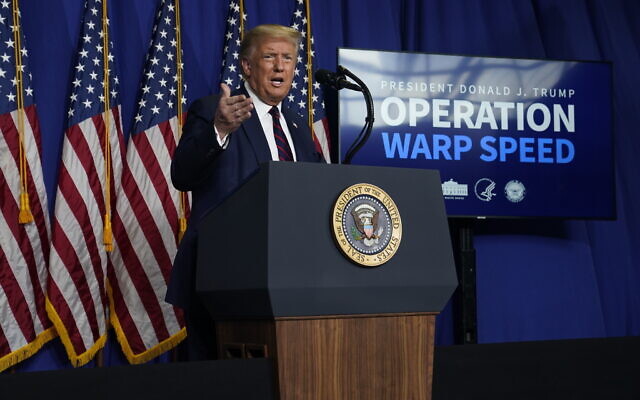 US President Donald Trump speaks during a coronavirus briefing at Bioprocess Innovation Center at Fujifilm Diosynth Biotechnologies, Monday, July 27, 2020, in Morrisville, N.C. (AP Photo/Evan Vucci)