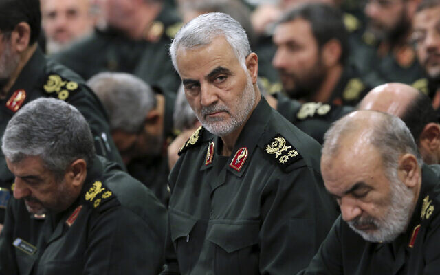 In this Sept. 18, 2016 file photo released by an official website of the office of the Iranian supreme leader, Revolutionary Guard Gen. Qassem Soleimani, center, attends a meeting with Supreme Leader Ayatollah Ali Khamenei and Revolutionary Guard commanders in Tehran, Iran. (Office of the Iranian Supreme Leader via AP)