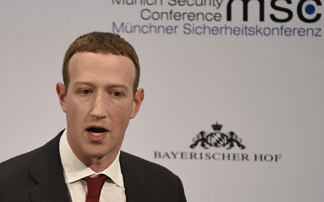 Facebook CEO Mark Zuckerberg speaks on the second day of the Munich Security Conference in Munich, Germany, February 15, 2020. (Jens Meyer/AP)