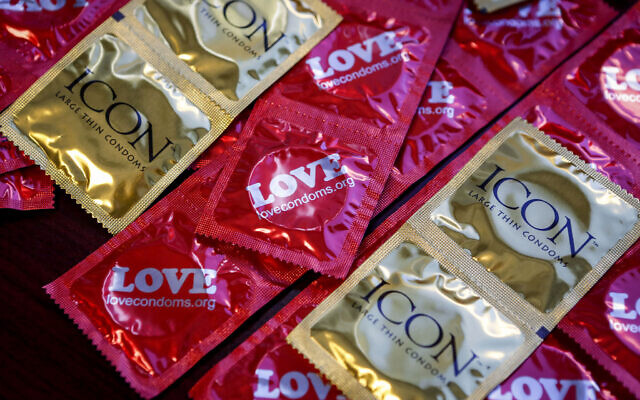 AIDS Healthcare Foundation condoms during a press conference, Feb. 14, 2013, in Los Angeles. (Bret Hartman /AP Images for AIDS Healthcare Foundation)