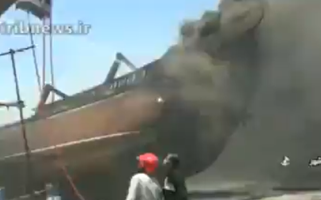 A screenshot from video of a fire on a ship at the Bushehr port in southern Iran, July 15, 2020. (Screen capture: Twitter)