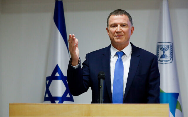 Health Minister Yuli Edelstein speaks during a press conference about the coronavirus at the Health Ministry in Jerusalem, July 6, 2020. (Olivier Fitoussi/Flash90)
