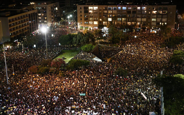 Israelis protest in Tel Aviv's Rabin Square against the government's economic policies during the coronavirus pandemic, July 11, 2020. (Miriam Alster/Flash90)