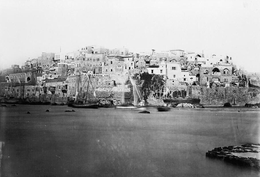 A photograph of the port city of Jaffa taken from the sea by P. Bergheim, circa 1860. (Library of Congress)