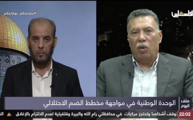 Hamas political bureau member Husam Badran and Fatah Central Committee member Ahmad Hilles discuss "common action" amid what they said was an attempt to put aside tensions between the two rival Palestinian factions (Screenshot)