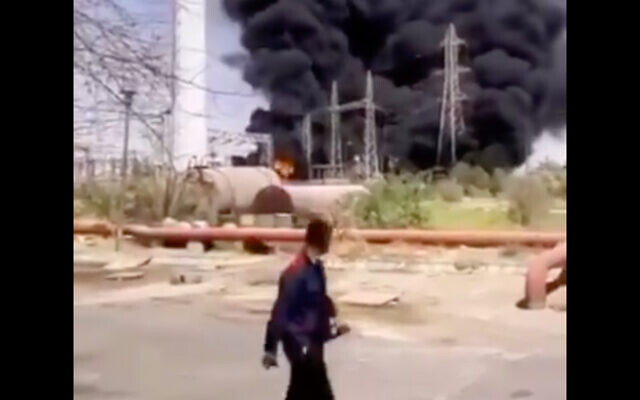 Image from a video said to show a fire caused by an explosion at a power plant in Ahvaz, Iran, on July 4, 2020. (Screenshot/Twitter)