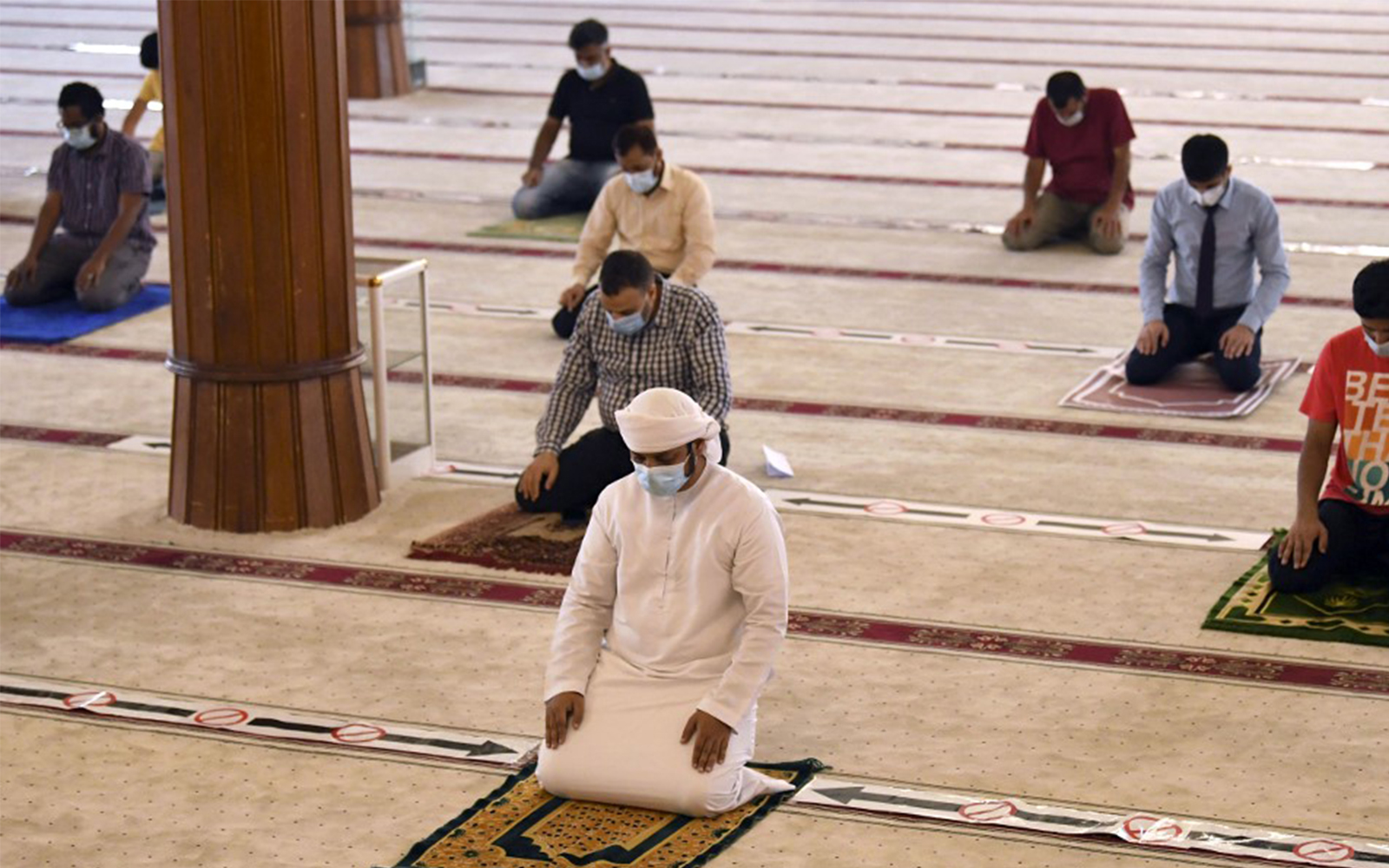 Worshipers practicing social distancing at a mosque in the emirate of Sharjah in the United Arab Emirates, July 1, 2020. (Karim Sahib/AFP)