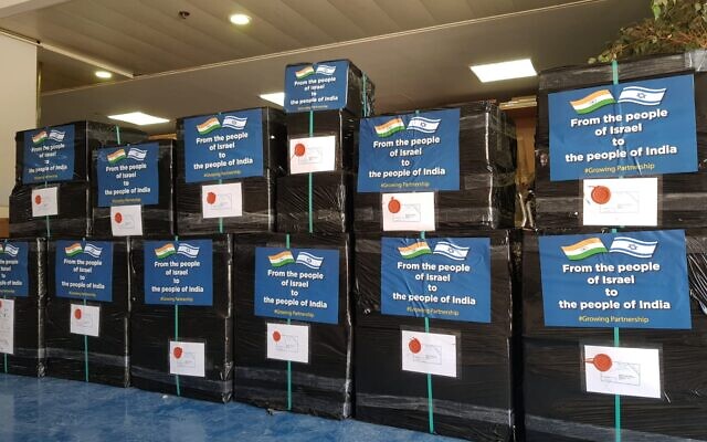 Boxes of medical equipment in the Foreign Ministry storage room, waiting to be sent to India, July 2020 (courtesy MFA)