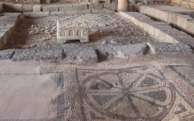 A partially restored synagogue with mosaic floors at the Magdala Guesthouse in northern Israel, near the Eli Cohen trail. (Shmuel Bar-Am)