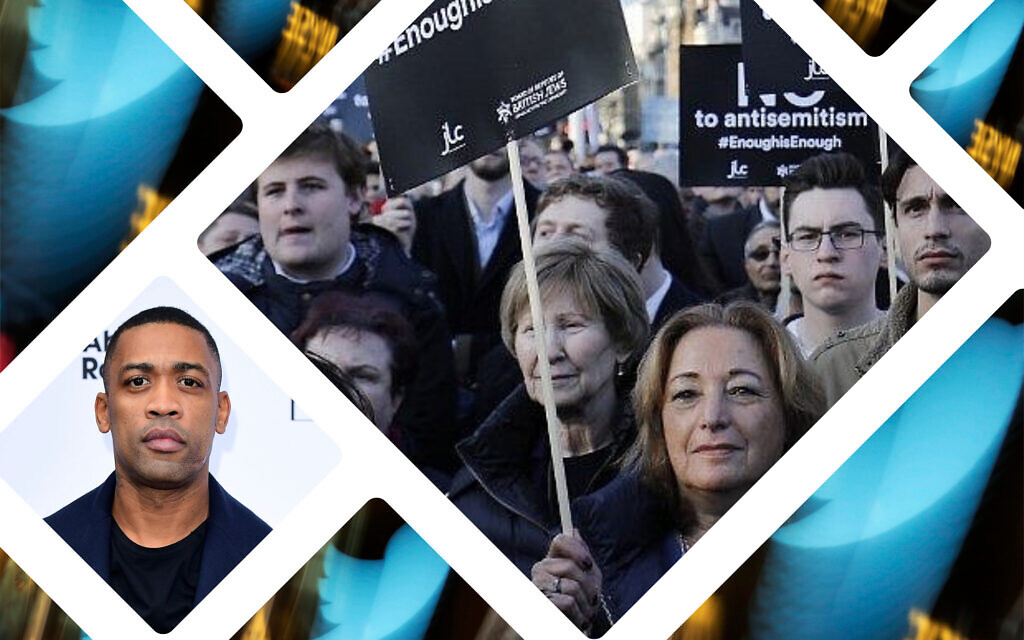 Rapper Wiley, left inset, has British Jews up in arms after an hours-long anti-Semitic Twitter storm. (Ian West/PA via AP). Center inset, British Jews protest anti-Semitism in Britain's Labour Party, March 2018.  (AFP PHOTO / Tolga AKMEN). Background, Twitter logo.  (AP/Richard Drew)