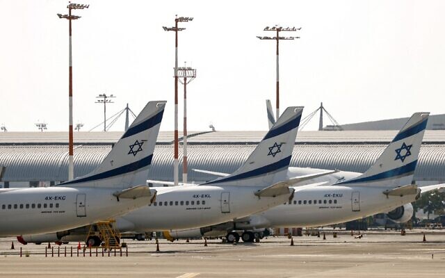 El Al planes on the tarmac at Ben Gurion Airport on August 3, 2020. (Jack Guez/ AFP)