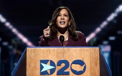 Senator from California and Democratic vice presidential nominee Kamala Harris speaks during the third day of the Democratic National Convention, being held virtually amid the novel coronavirus pandemic, at the Chase Center in Wilmington, Delaware on August 19, 2020. (Olivier DOULIERY / AFP)