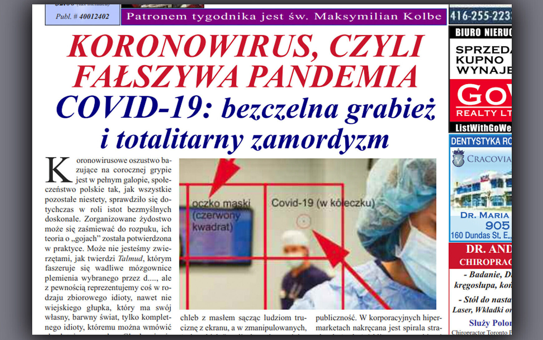 Polish Language Newspaper In Toronto Blames Jews For Coronavirus Pandemic The Times Of Israel